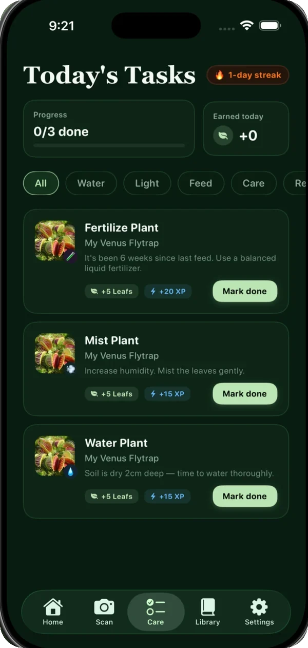 Today's tasks in Planted: fertilise, mist and water, each with the reason attached and a streak counter.